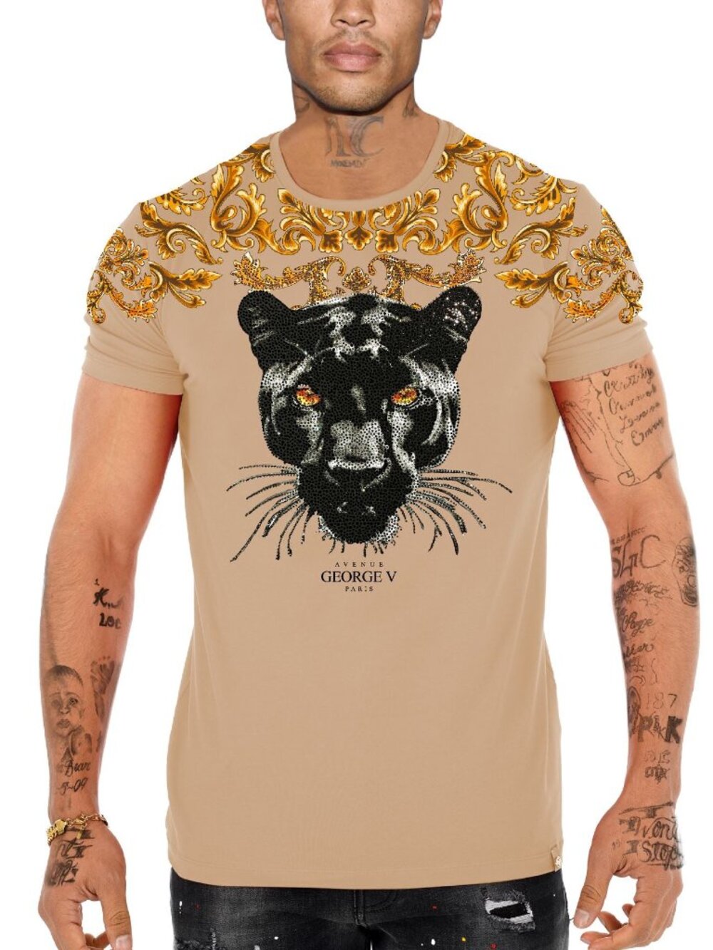Avenue George V Paris T-Shirt rhinestone Black Panther Shorts sleeve Beige Shirt